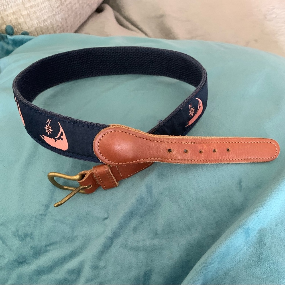 Preston boys navy cotton belt with brown leather. Embroidered boats. 24” long